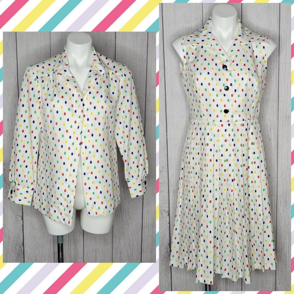 Vintage Rainbow Polka Dot 2 Piece Set, Dress and Matching Jacket